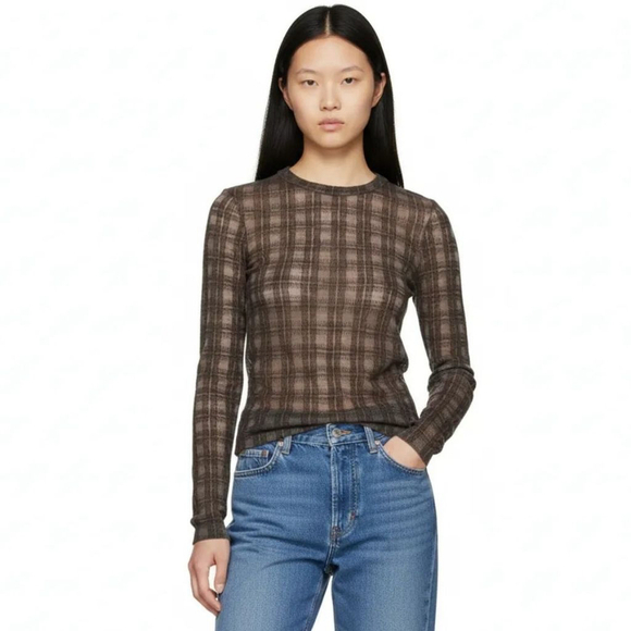 Elleme Tops - Elleme Brown Plaid Long Sleeve Semi Sheer Wool Blend Sweater